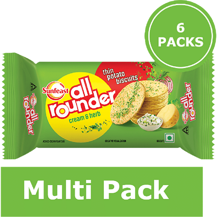 Sunfeast All Rounder - Thin, Light & Crunchy Potato Biscuit With Cream & Herb Flavour, 75 g (Pack of 6)