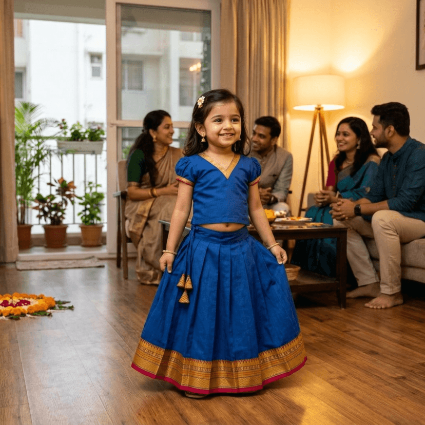 Mom and Me Girls’ Lehenga Choli/Parker Polka/Pattu Pavadai (0 Months–6 Years) | Acrylic Cotton with Soft Cotton Lining | V-Neck, Short Puff Sleeves, Zipper Closure (Blue, 12-18 M) view 3