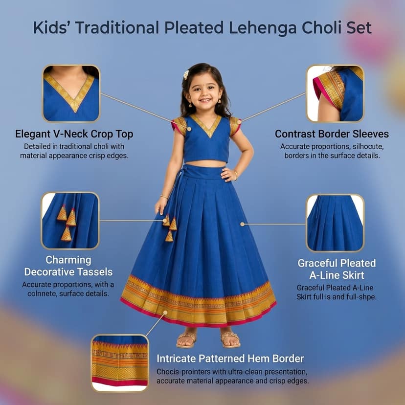 Mom and Me Girls’ Lehenga Choli/Parker Polka/Pattu Pavadai (0 Months–6 Years) | Acrylic Cotton with Soft Cotton Lining | V-Neck, Short Puff Sleeves, Zipper Closure (Blue, 12-18 M) view 4