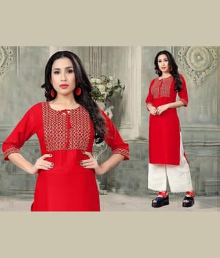 Dhruvanshi Enterprise - Red Rayon Women's Straight Kurti