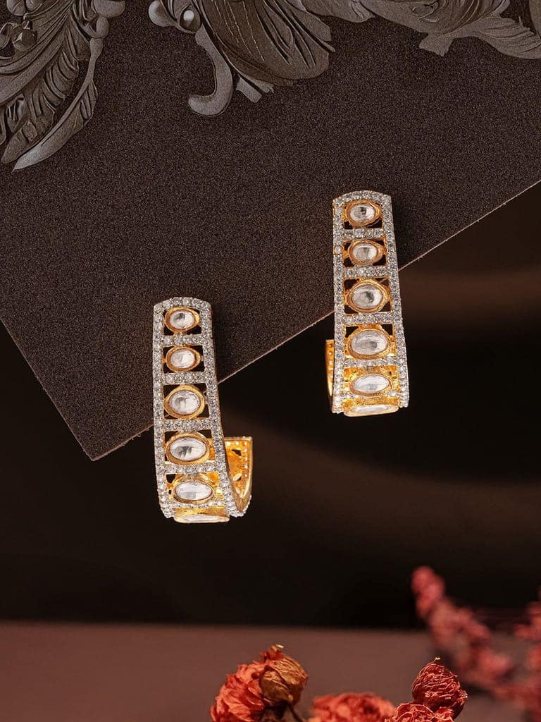 Gold Plated Uncut Kundan Polki Mossanite Minimal Half Hoop C - Bali Studds Earrings