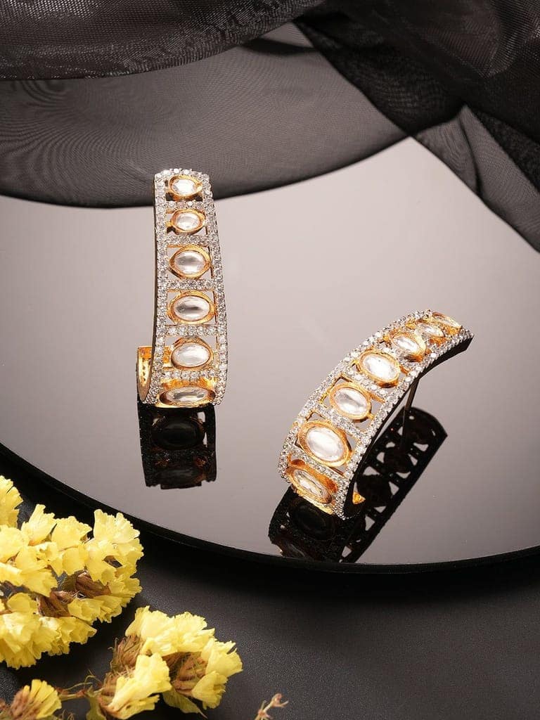 Gold Plated Uncut Kundan Polki Mossanite Minimal Half Hoop C - Bali Studds Earrings view 3