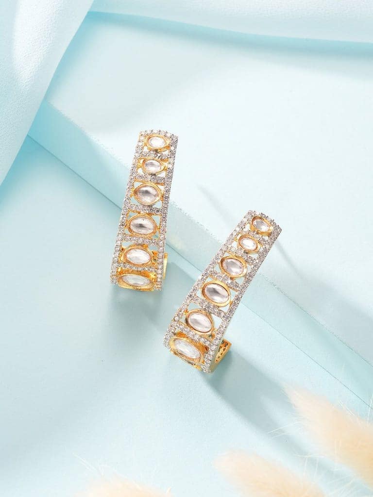 Gold Plated Uncut Kundan Polki Mossanite Minimal Half Hoop C - Bali Studds Earrings view 5