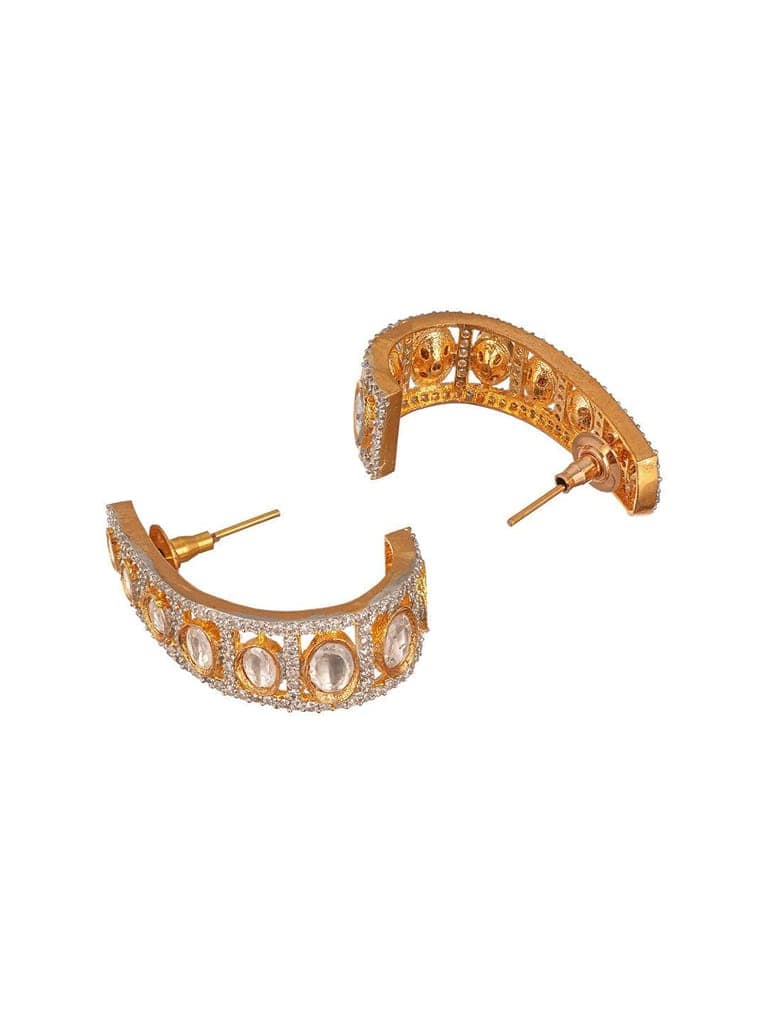 Gold Plated Uncut Kundan Polki Mossanite Minimal Half Hoop C - Bali Studds Earrings view 7