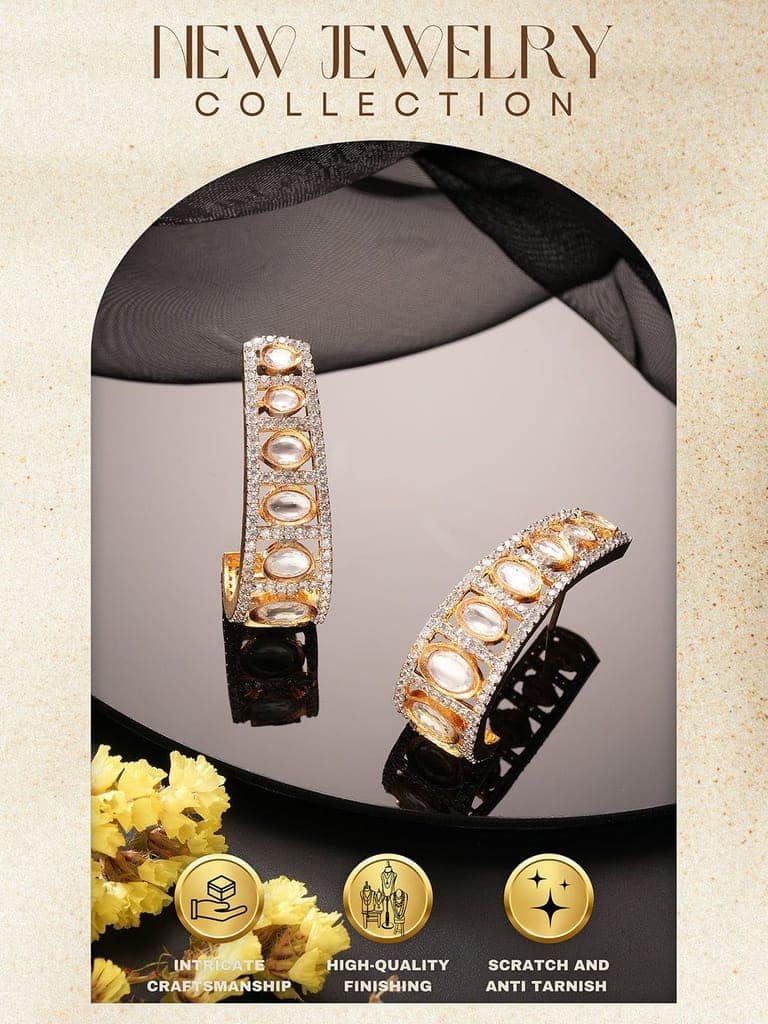 Gold Plated Uncut Kundan Polki Mossanite Minimal Half Hoop C - Bali Studds Earrings view 8