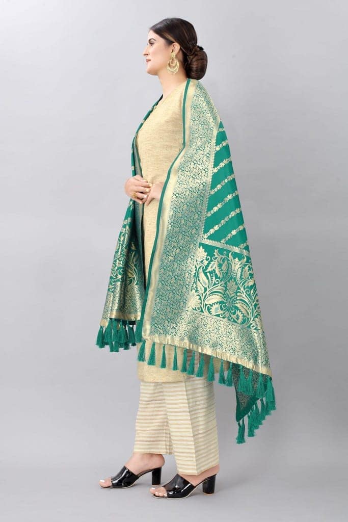 Women Rama &amp; Gold Coloured Striped Dupatta view 2