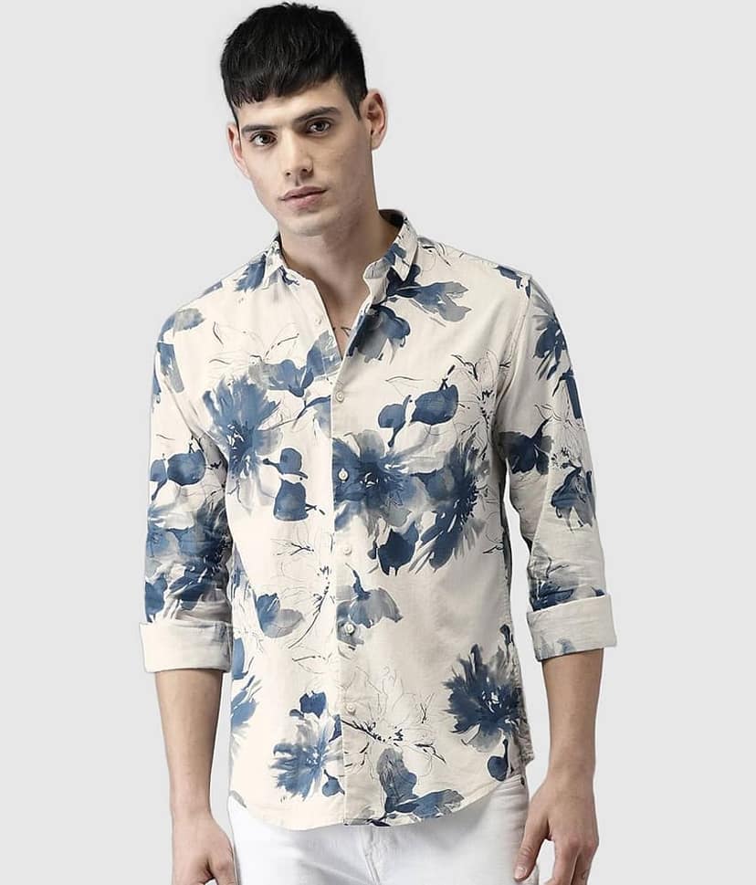 Bene Kleed Men Cream-Coloured & Brown Slim Fit Printed Casual Shirt