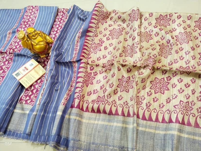 Silkmark Certified Tussar Silk Handloom Handblock Printed Pink and Purple Saree with Blouse-6449