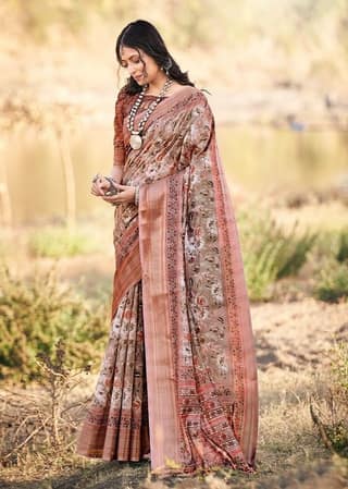 Digital Printed Cotton Saree in Light Brown