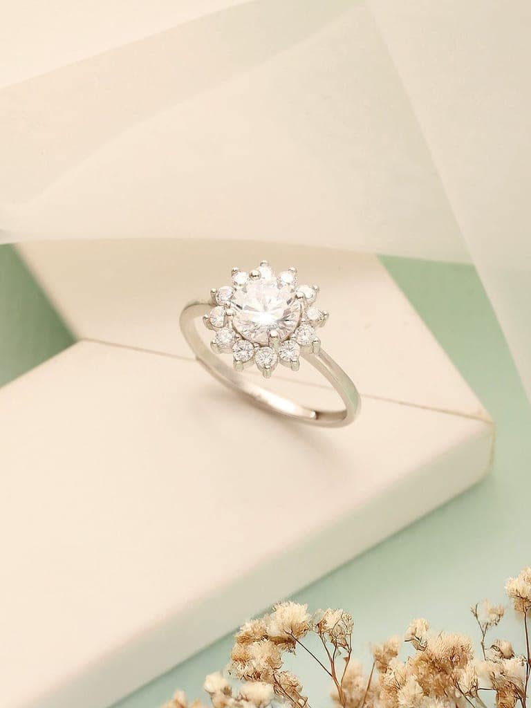 925 Sterling Silver Zircon Studded Floral Engament Minimal Adjustable Finger Ring