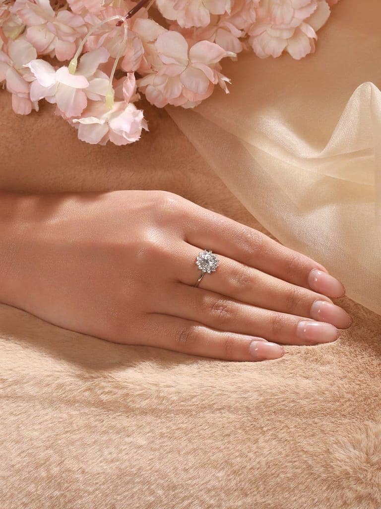 925 Sterling Silver Zircon Studded Floral Engament Minimal Adjustable Finger Ring view 2