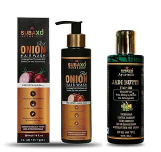 SUBAXO Herbal Red Onion Hair Wash-Herbal Shampoo And Herbal Jadi Buti Hair Oil 200ml Each - Combo Pack