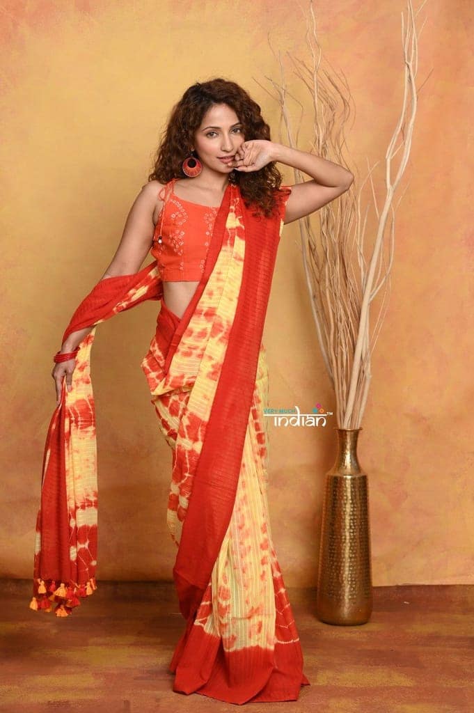 Mastaani ~ Tie & Dye Handloom Mul Cotton Saree - Orange view 2