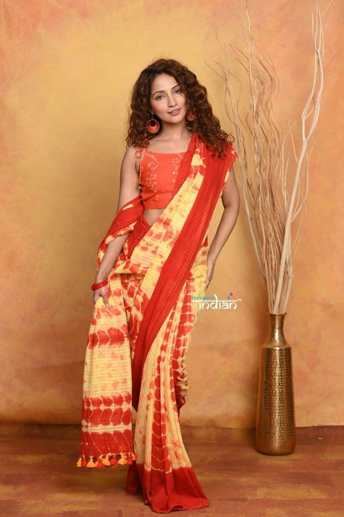 Mastaani ~ Tie & Dye Handloom Mul Cotton Saree - Orange view 3