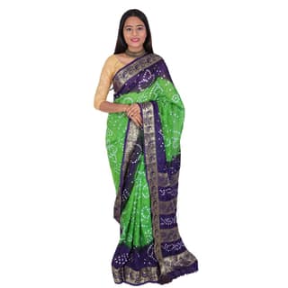 Tribes India Handwoven Green and Indigo Blue Bandhej Saree