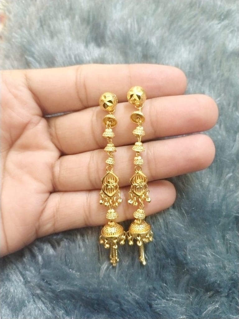 1gm Premium Gold-Plated Micro Polished Long Sui Dhaga Earrings for Women & Girls | Traditional Lightweight Jhumki Drop Design | Daily Wear Stylish Chain Earrings view 4