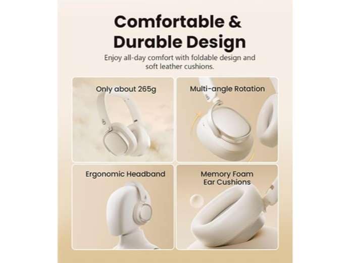 OlivLife Japan Series Bluetooth 6.0 Wireless Over-Ear Headphones with 400mAh Battery, 20H Playtime, Deep Bass HiFi Stereo, Built-in Mic, 40mm Drivers - Cream view 4