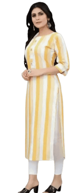 Women's Mustard Yellow Striped Straight Kurta with Pant Set
