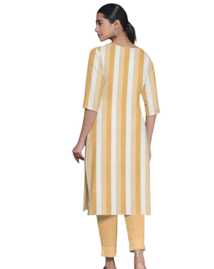 Women's Mustard Yellow Striped Straight Kurta with Pant Set view 3