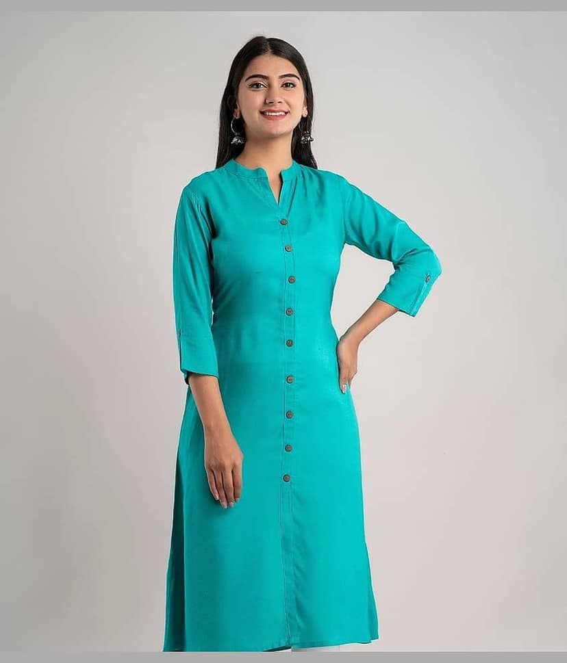 MAUKA - Turquoise Rayon Women's Front Slit Kurti ( Pack of 1 )