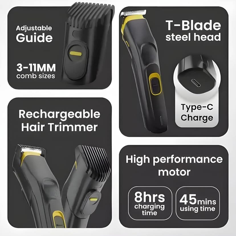 Hair Trimmer for Men Professional | Beard, Body Hair Cutting Machine | Type-C Fast Charging 90 Min Run Time | Adjustable Length | Battery Powered view 4