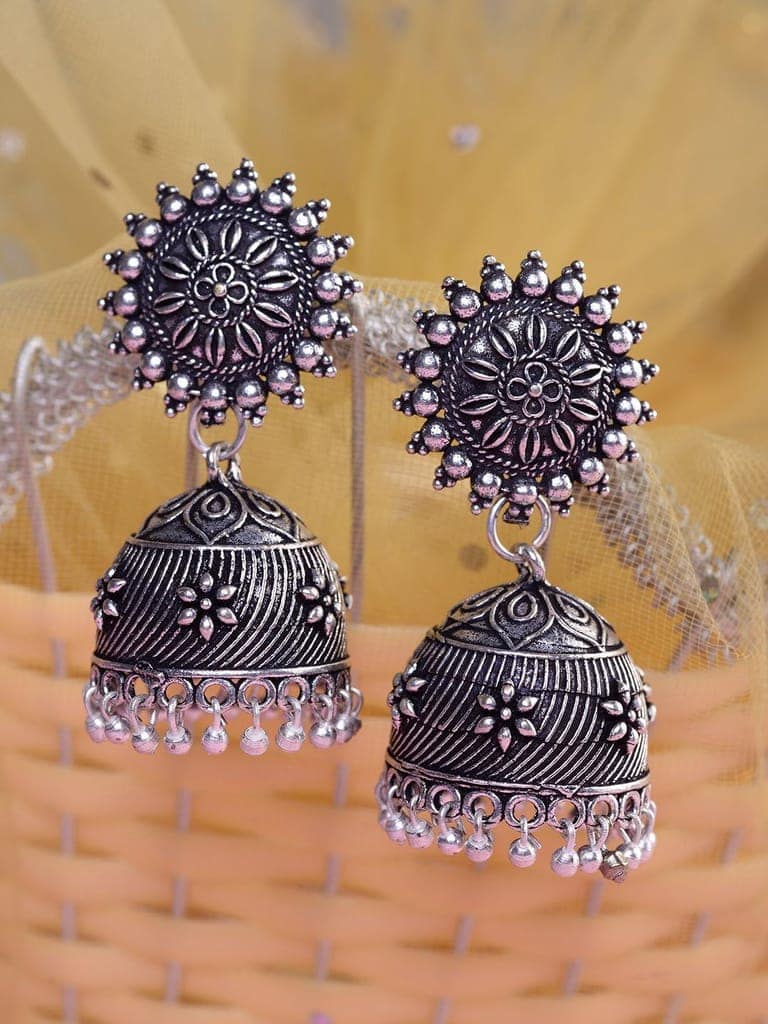 Silver Toned Oxidised Jhumka Earrings view 2