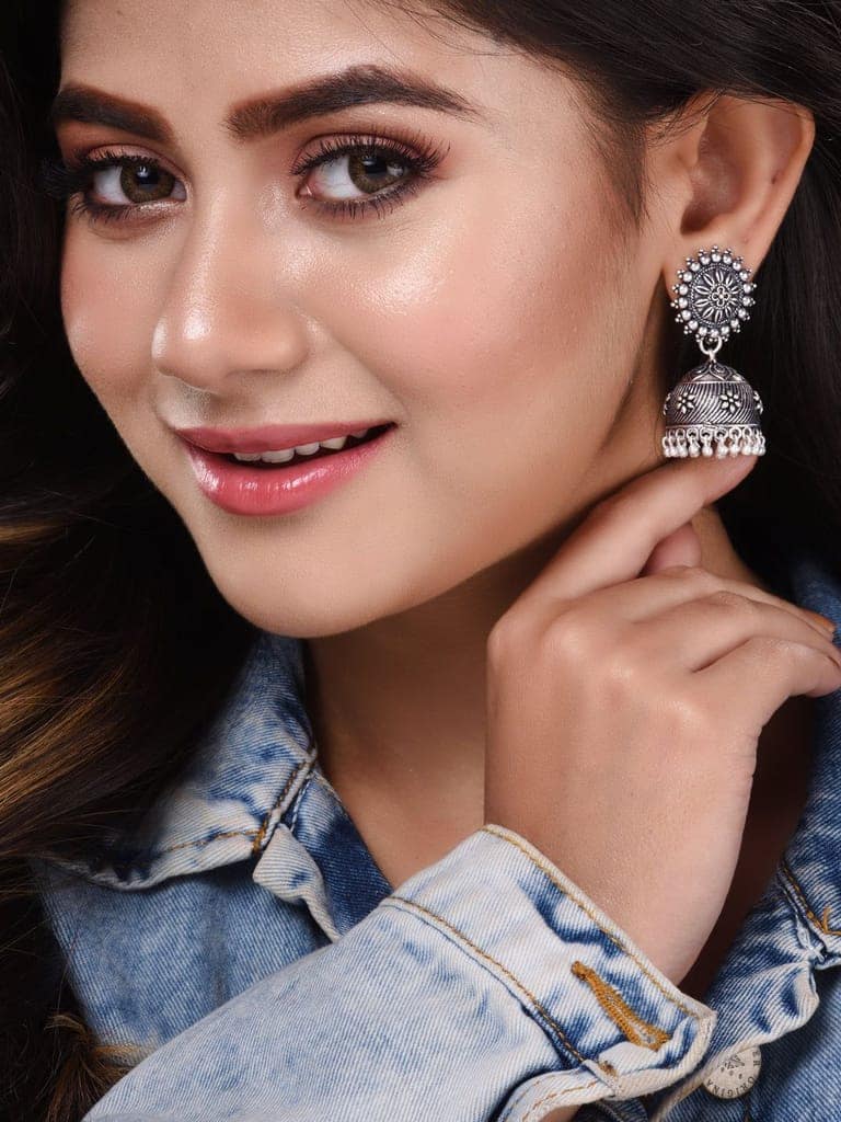 Silver Toned Oxidised Jhumka Earrings view 3