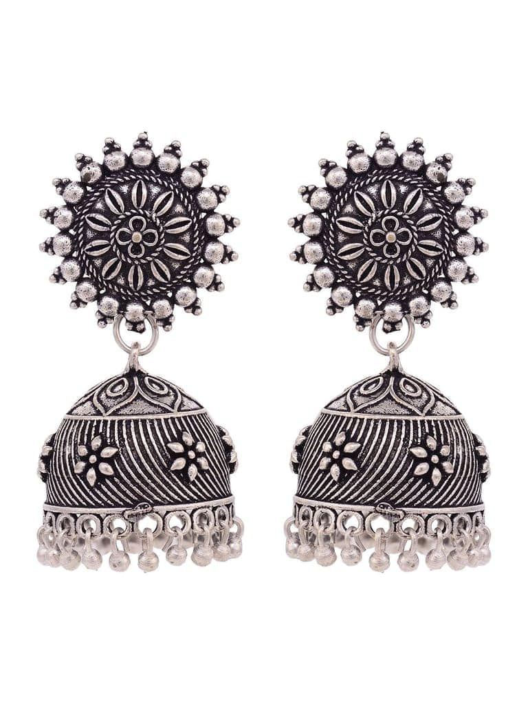 Silver Toned Oxidised Jhumka Earrings view 4