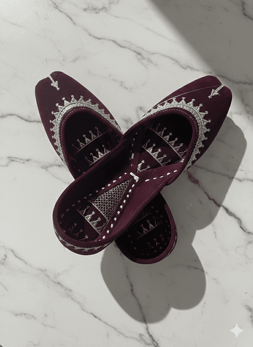BBJ Handmade Maroon Velvet Punjabi Jutti for Women | Heavy Silver Zari & Thread Embroidery Work | Traditional Ethnic Footwear