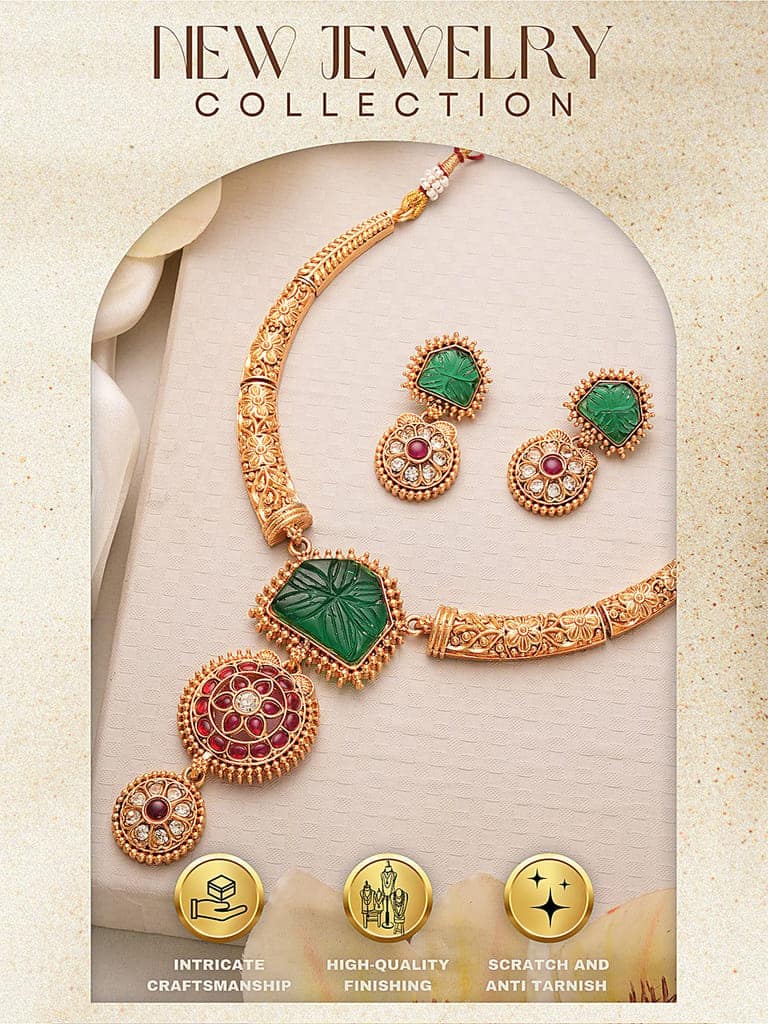 Traditional Gold Jewelry Set with Green and Red Stones view 10
