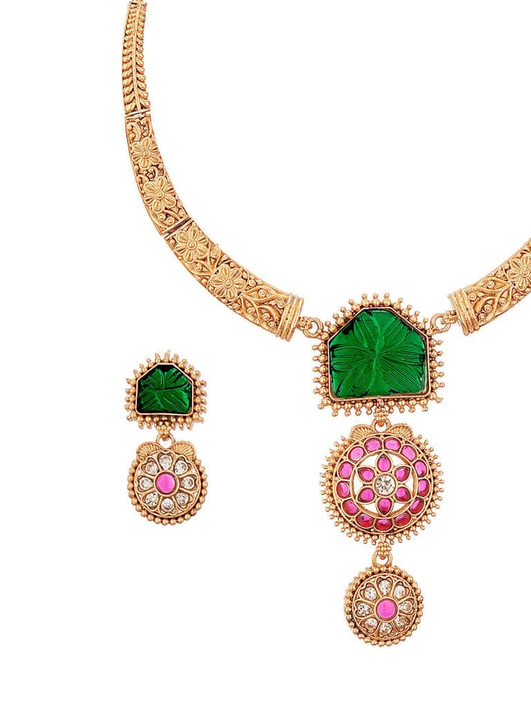 Traditional Gold Jewelry Set with Green and Red Stones view 7