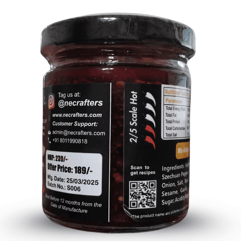 NE CRAFTERS Szechuan Pepper Chilli Oil | Premium | Hand-Made with Szechuan Pepper, Kashmiri & Red Chillies, Garlic, Onion, Cinnamon and Spices | Best with Momos, Ramen, Noodles, Pasta - (100 gms) view 10