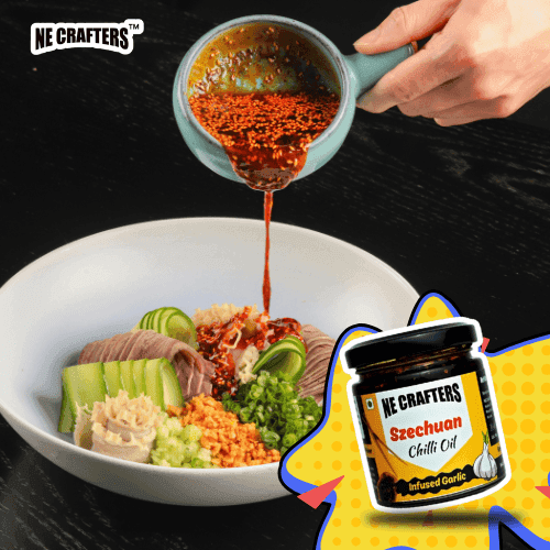 NE CRAFTERS Szechuan Pepper Chilli Oil | Premium | Hand-Made with Szechuan Pepper, Kashmiri & Red Chillies, Garlic, Onion, Cinnamon and Spices | Best with Momos, Ramen, Noodles, Pasta - (100 gms) view 6