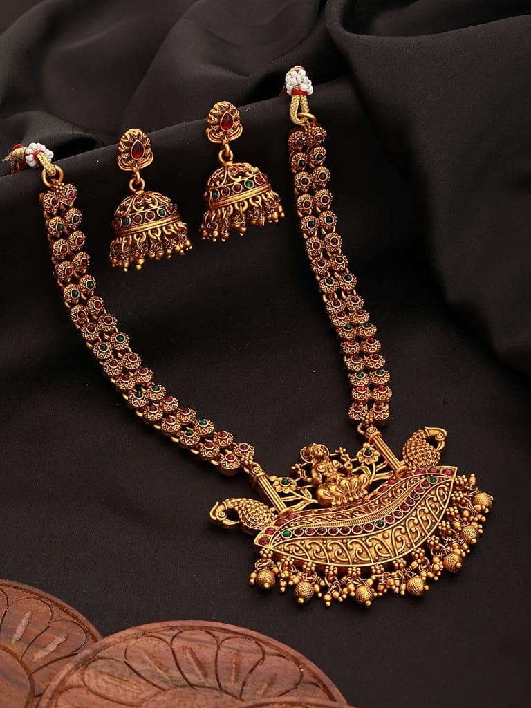 Gold Plated Red Kempo Goddess Lakshmi Deseigner Temple Jewellery Set view 3