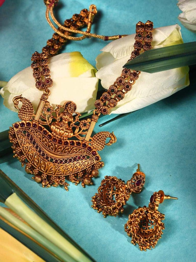 Gold Plated Red Kempo Goddess Lakshmi Deseigner Temple Jewellery Set view 4