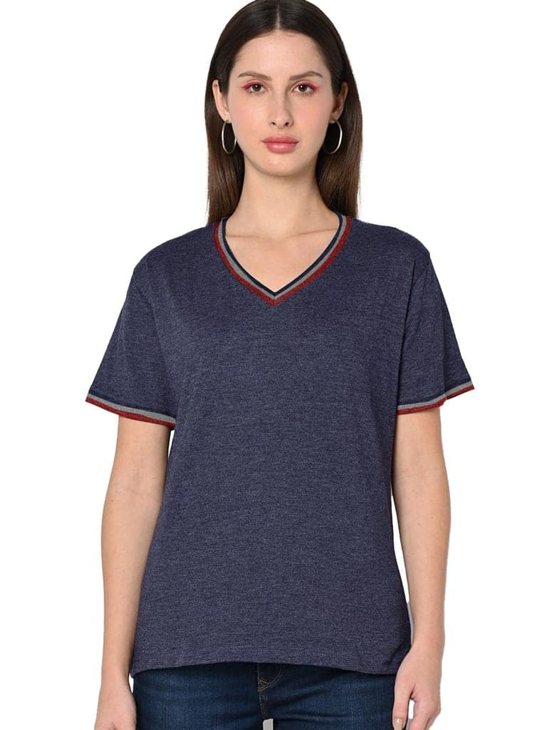 Women Navy Blue Color V Neck T Shirts