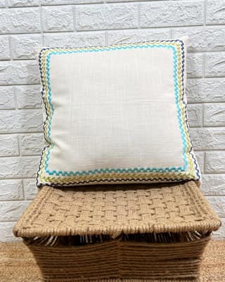 Indihomecraft Blue Border Cushion Cover Hand Embroidery Inspired Decorative Boho Cushion Cover for Sofa Couch Swing Chair Living Room & Bedroom 18 x 18 Inches, Pack of 1