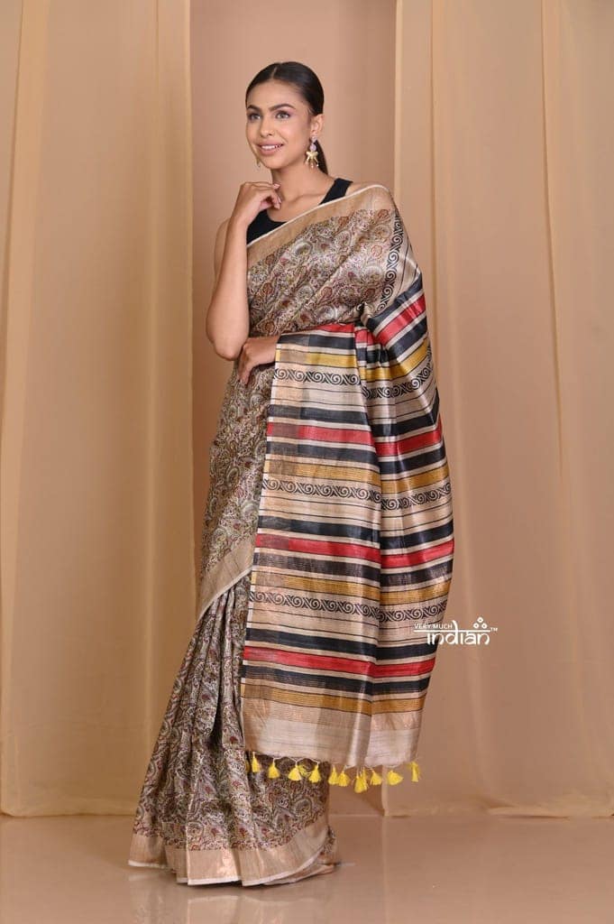 Pehal~ Authentic Limestone Yellow Moonga Tussar Saree with Sleek Border & Beautiful Floral print. view 2