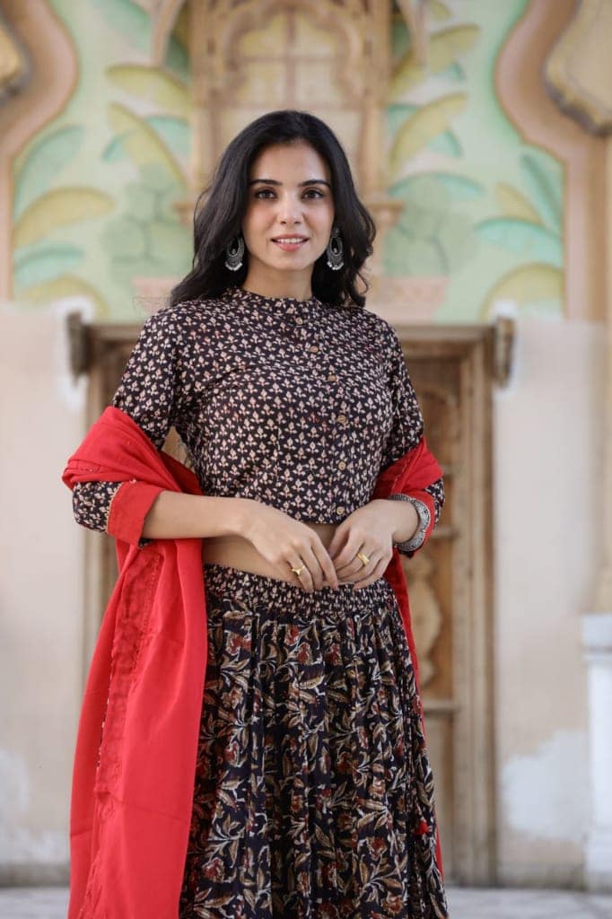 Cotton Lehanga Handblock Printed Aubergine Brown Color and Top With Mulmul Dupatta (Size 34-46)-2312 view 3