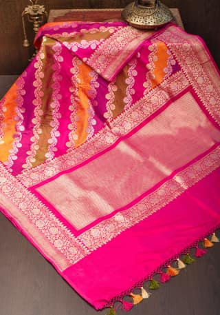 Rangkaat Kadhuwa Banarasi Silk Saree with four color Silk Diagonal Zari stripes | SILK MARK CERTIFIED