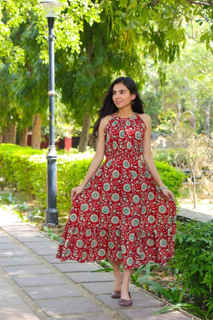 Pure Cotton Halter Neck Midi Red Dress Hand Block Printed (Size: 38-46)-2965 view 2