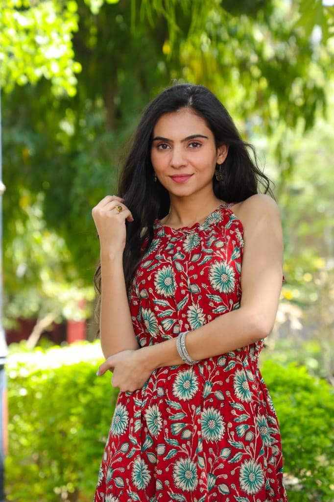 Pure Cotton Halter Neck Midi Red Dress Hand Block Printed (Size: 38-46)-2965 view 3