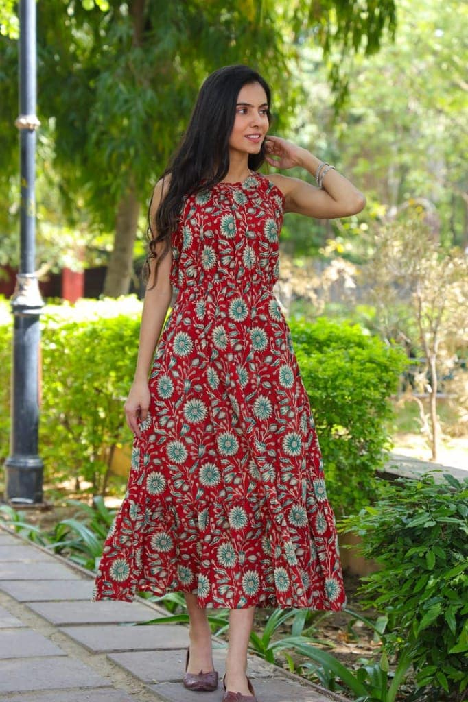 Pure Cotton Halter Neck Midi Red Dress Hand Block Printed (Size: 38-46)-2965 view 4