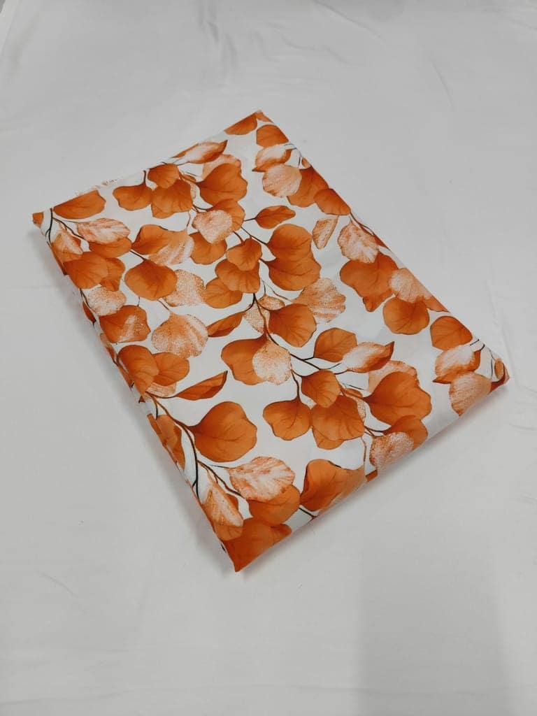 White and Orange Floral Print Crepe Fabric