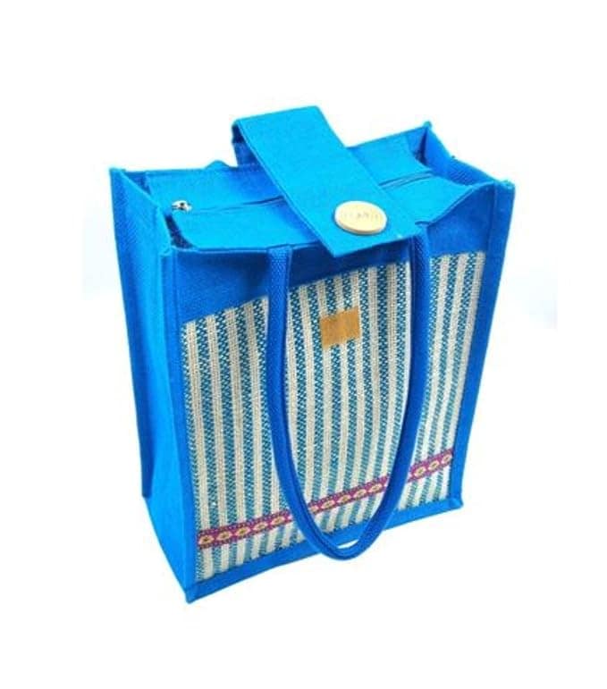 SS Eco-Life Trendy Vertical Jute Handbag for Young Girls – Eco-Friendly Casual Tote. For School, College, Casual Outing & Shopping. Aqua Blue Strip Line. view 5
