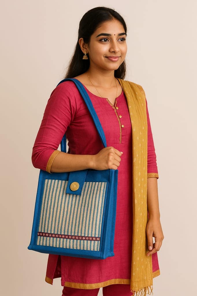 SS Eco-Life Trendy Vertical Jute Handbag for Young Girls – Eco-Friendly Casual Tote. For School, College, Casual Outing & Shopping. Aqua Blue Strip Line. view 7