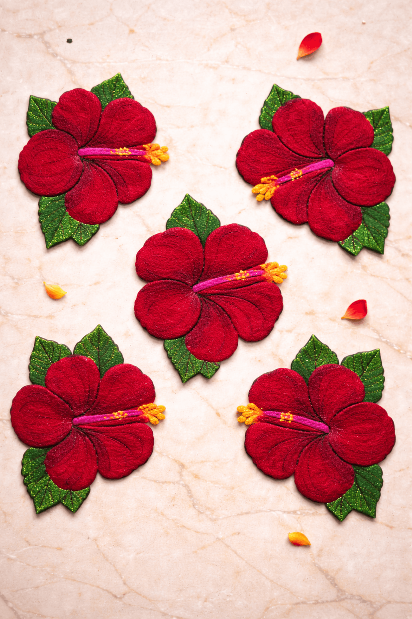 Madhura’s Creations Red Hibiscus Flower Rangoli Patch Set of 4 | Real Rangoli Colours | On Plastic Sheet | Reusable Floral Festive Decor view 2