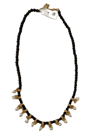 Black Beaded Necklace with Gold Accents and Pearl Drops
