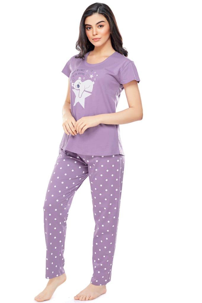 ZEYO Women's Cotton Pink Polka Dot Printed Stylish Night suit view 4