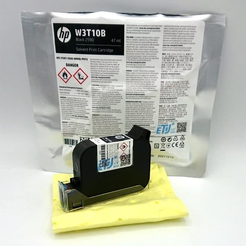 HP W3T10B 2590 Black Solvent Ink Cartridge | 12.7mm 45si TIJ 2.5 Printhead for Coding & Marking | Fast-Drying Industrial Ink for Plastics, Glass, Metal